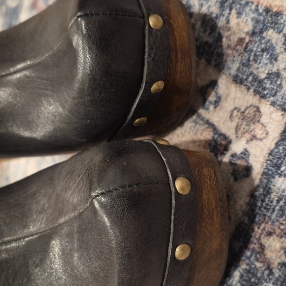 7/7.5 Kork-Ease Carmella Platform Clog Heels in Dark Gray Leather & Brown Wood - Picture 12 of 14